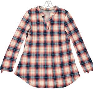 Lildy Pink Tunic Shirt Stretch Plaid Long Roll Tab Sleeves V-Neck Womens Size S
